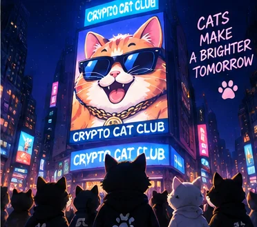 Cats watching a giant crypto cat club billboard in the city