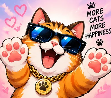 Orange cat throwing both paws up on a pink background