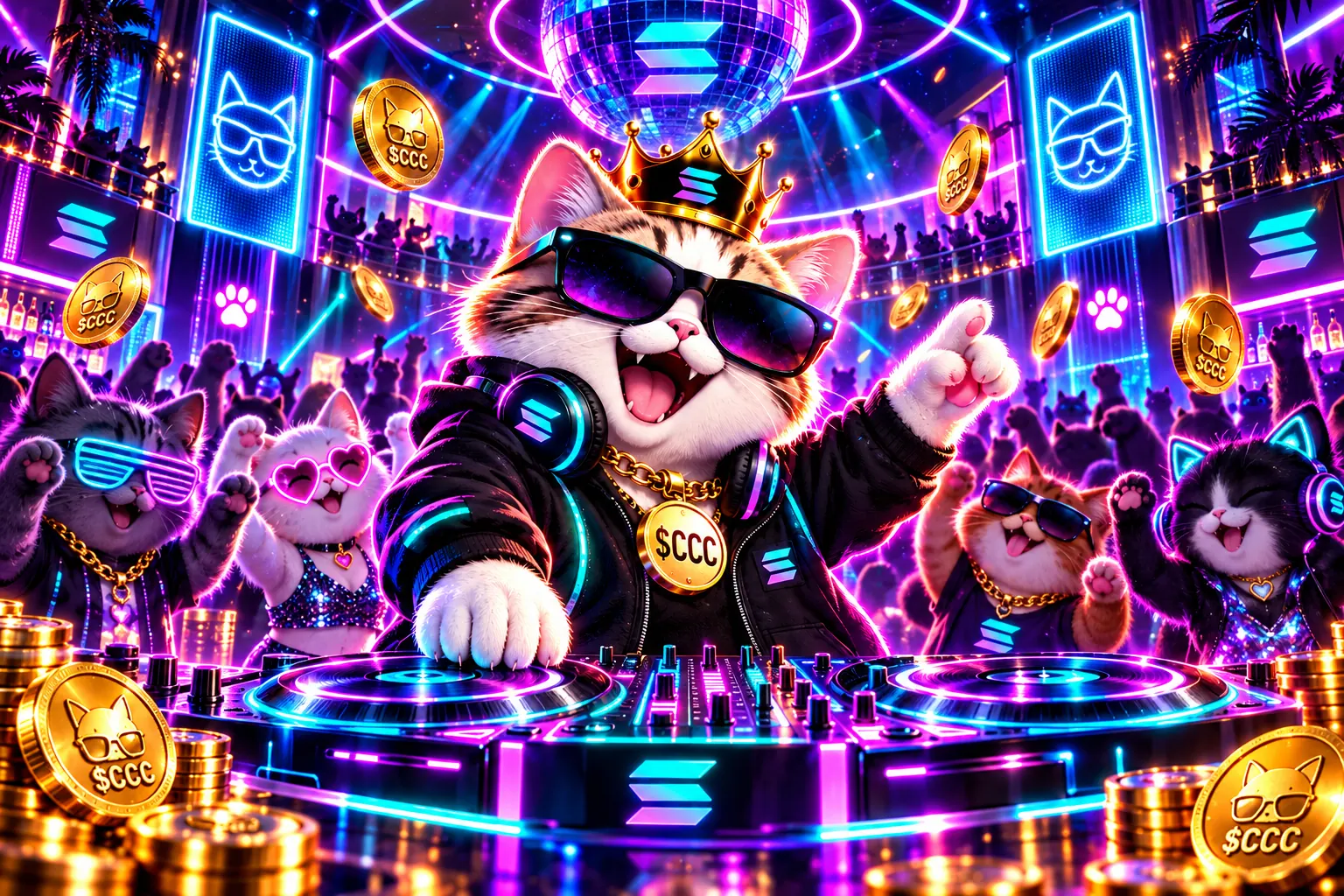 The crowned cat DJing a club full of cheering cats and flying $ccc coins