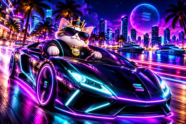 The crowned cat driving a neon supercar along the waterfront