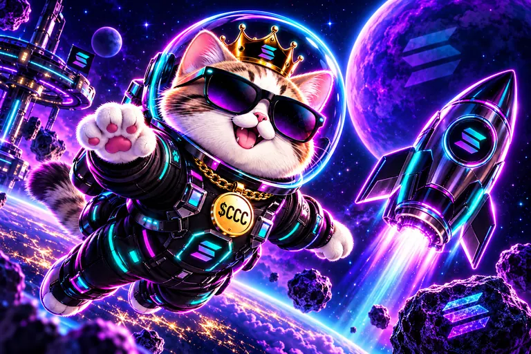 The crowned cat flying through space next to a Solana rocket