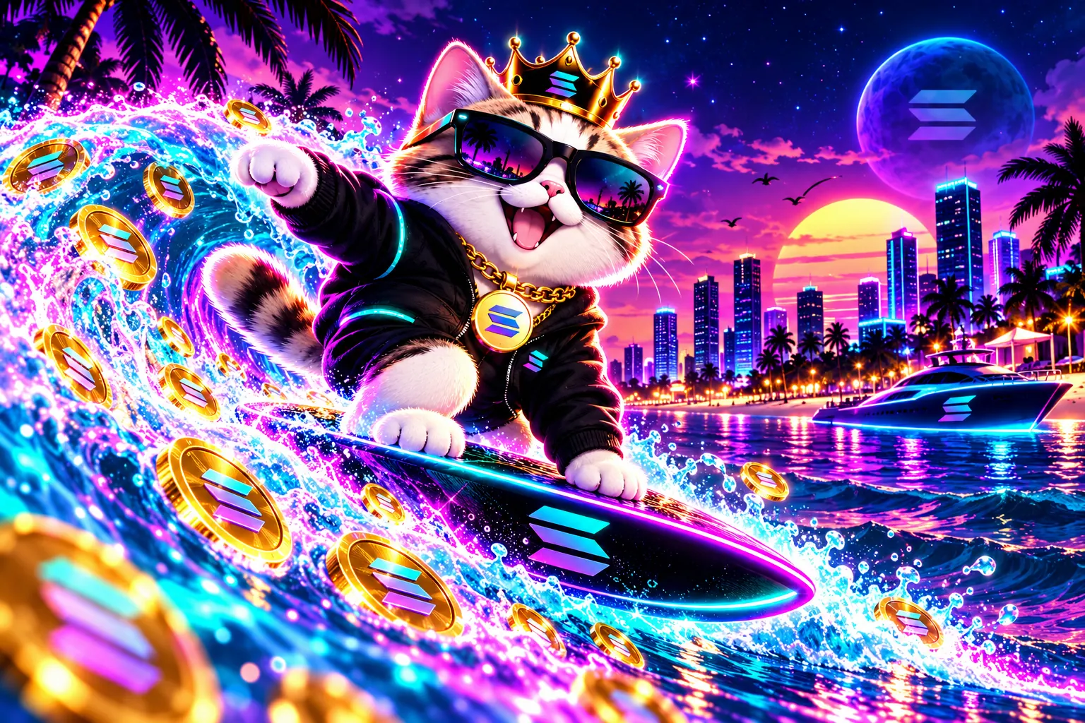 The crowned cat surfing a neon wave full of Solana coins